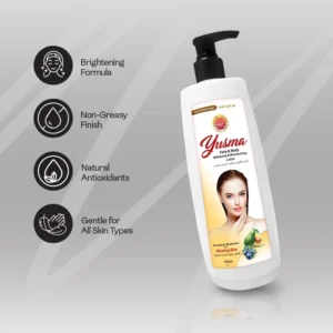 Yusma body lotion bottle displaying what body lotion is used for with 4 features — brightening formula, non-greasy finish, natural antioxidants, and gentle care