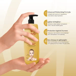 Hand holding Face Fresh Gold Plus body lotion showing 4 key benefits — advanced moisturizing formula, lighter and brighter complexion, protection against dryness, and non-greasy lightweight feel