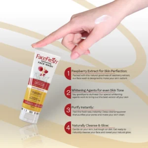 Infographic displaying 4 benefits of Face Fresh whitening face wash — raspberry extract, whitening agents for even skin tone, instant pore purifying, and natural glow