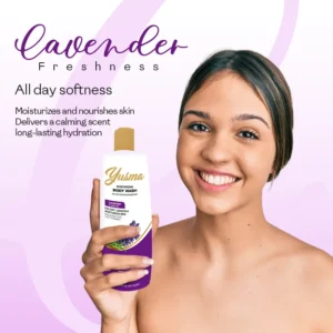 Smiling woman holding Yusma lavender best moisturizing body wash for all-day softness and long-lasting hydration