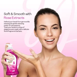Smiling woman holding Yusma rose hand wash for gentle floral cleansing and maximum germ protection