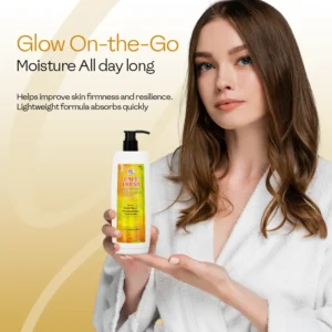 Woman in bathrobe holding Face Fresh skin brightening body lotion — lightweight formula that absorbs quickly for all-day moisture, firmness, and resilience